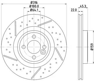 Вентильований гальмівний диск з насічками з перфорацією Hella 8DD 355 123-471.