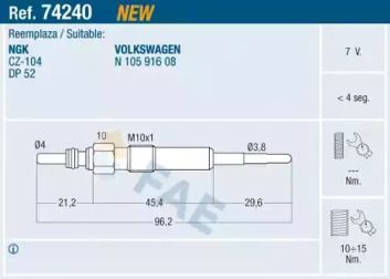 Свеча накаливания на Volkswagen Transporter T5 Fae 74240.