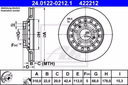 Вентилируемый тормозной диск на Фольксваген Фаетон  ATE 24.0122-0212.1.