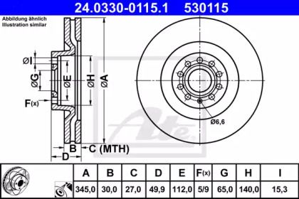 Вентилируемый тормозной диск на Фольксваген Пассат Б6 ATE 24.0330-0115.1.