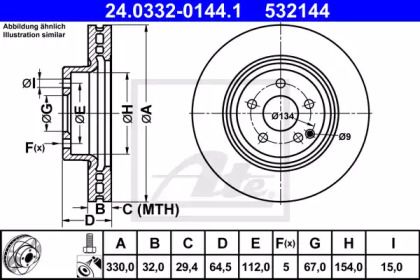 Вентилируемый тормозной диск на Мерседес Е класс  ATE 24.0332-0144.1.