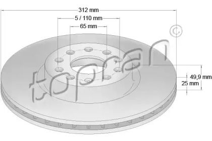 Вентилируемый передний тормозной диск на Шкода Суперб  Topran 110 073.