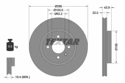 Вентилируемый тормозной диск на Kia Rio  Textar 92239303.