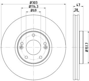 Вентилируемый тормозной диск на Киа Опирус  Hella Pagid 8DD 355 122-501.