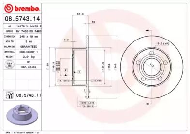 Тормозной диск на Skoda Superb 1 Brembo 08.5743.11.