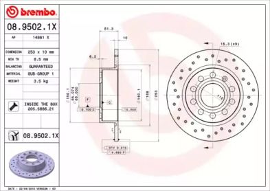 Перфорированный тормозной диск Brembo 08.9502.1X.