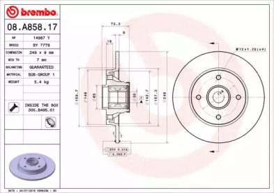 Тормозной диск на Пежо 308  Brembo 08.A858.17.