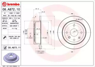 Тормозной диск на Шевроле Лачетти  Brembo 08.A872.10.