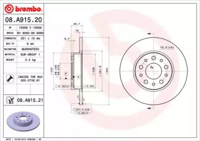 Тормозной диск на Фиат 500Л  Brembo 08.A915.21.