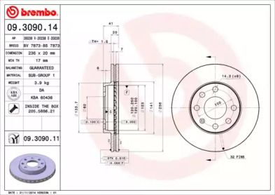 Вентилируемый тормозной диск на Daewoo Lanos  Brembo 09.3090.11.