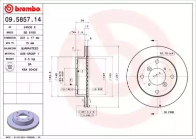 Вентилируемый тормозной диск на Subaru Justy  Brembo 09.5857.14.