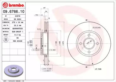 Вентилируемый тормозной диск Brembo 09.6766.10.