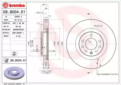 Вентильований гальмівний диск Brembo 09.8004.51.