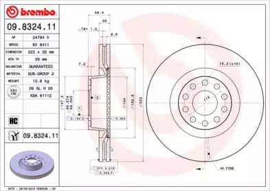 Вентильований гальмівний диск на Ауді А6 С4 Brembo 09.8324.11.