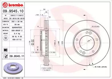 Вентилируемый тормозной диск на Kia Sorento  Brembo 09.9545.10.