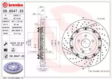 Вентильований гальмівний диск з насічками з перфорацією на Мерседес СЛК  Brembo 09.9547.33.