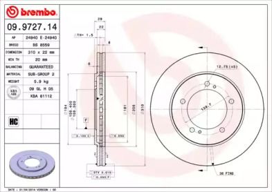 Вентилируемый тормозной диск на Сузуки Гранд Витара  Brembo 09.9727.14.