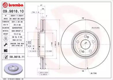 Вентилируемый тормозной диск на Рено Вель Сатис  Brembo 09.9818.11.