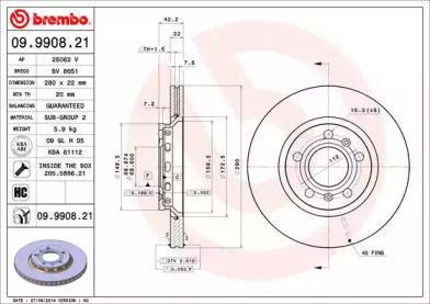 Вентилируемый тормозной диск Brembo 09.9908.21.