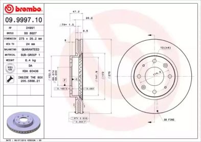 Вентилируемый тормозной диск Brembo 09.9997.10.