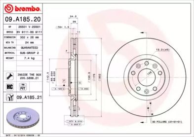 Вентилируемый тормозной диск Brembo 09.A185.21.