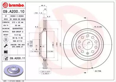 Вентилируемый тормозной диск на Фольксваген Пассат Б7 Brembo 09.A200.11.