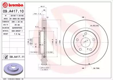 Вентильований гальмівний диск на Toyota Auris  Brembo 09.A417.11.