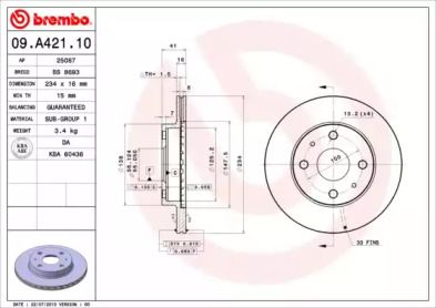 Вентилируемый тормозной диск на Daihatsu Cuore  Brembo 09.A421.10.