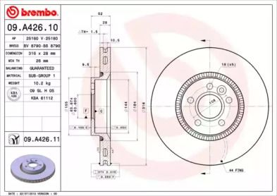 Вентилируемый тормозной диск на Вольво В60  Brembo 09.A426.11.