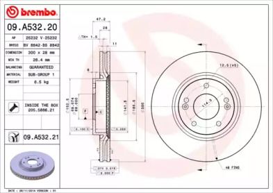 Вентилируемый тормозной диск Brembo 09.A532.21.