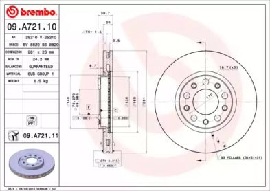 Вентилируемый тормозной диск на Джип Ренегат  Brembo 09.A721.11.