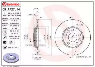 Вентилируемый тормозной диск на Рено Сценик 3 Brembo 09.A727.14.