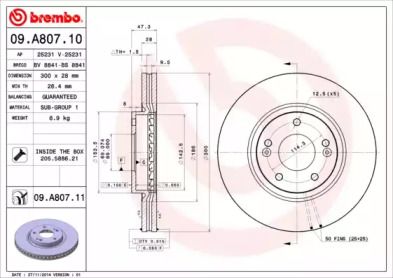Вентилируемый тормозной диск Brembo 09.A807.11.