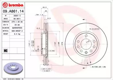 Вентилируемый тормозной диск Brembo 09.A861.14.