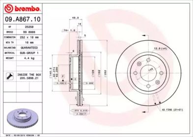 Вентилируемый тормозной диск на Kia Picanto  Brembo 09.A867.10.