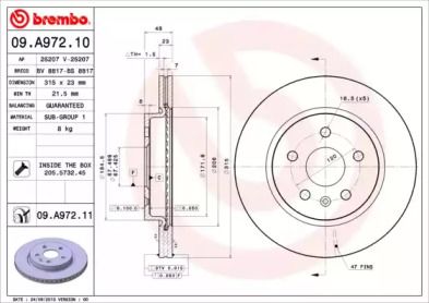 Вентилируемый тормозной диск на Сааб 9-5  Brembo 09.A972.11.