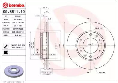 Вентилируемый тормозной диск на Хюндай Н1  Brembo 09.B611.10.