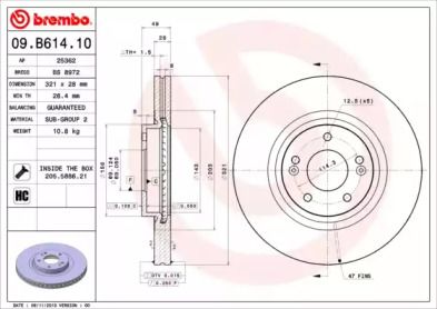 Вентилируемый тормозной диск на Kia Sorento 2 Brembo 09.B614.10.