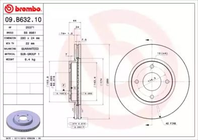 Вентилируемый тормозной диск на Ниссан Куб  Brembo 09.B632.10.
