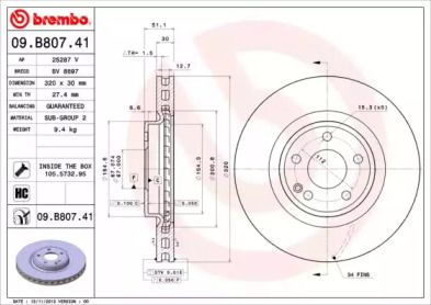 Вентилируемый тормозной диск Brembo 09.B807.41.