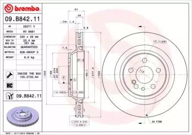 Вентилируемый тормозной диск Brembo 09.B842.11.
