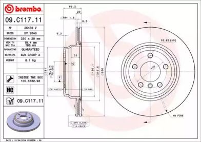 Вентилируемый тормозной диск на BMW 330 Brembo 09.C117.11.