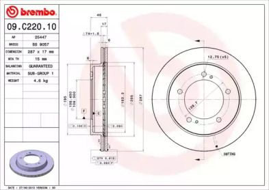 Вентилируемый тормозной диск на Сузуки Джимни  Brembo 09.C220.10.