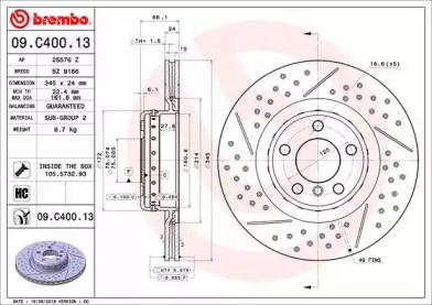 Вентилируемый тормозной диск с насечками С перфорацией Brembo 09.C400.13.