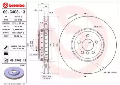 Вентилируемый тормозной диск Brembo 09.C408.13.