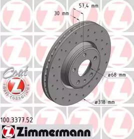 Вентилируемый тормозной диск с перфорацией на Ауди A4 Б9 Otto Zimmermann 100.3377.52.