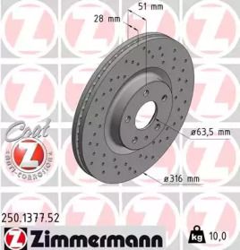 Вентильований гальмівний диск з перфорацією на Ford Mondeo 5 Otto Zimmermann 250.1377.52.