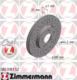 Вентильований гальмівний диск з перфорацією Otto Zimmermann 280.3187.52.