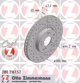 Вентильований гальмівний диск з перфорацією Otto Zimmermann 280.3161.52.