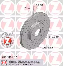 Вентилируемый тормозной диск с перфорацией на Honda Accord 7 Otto Zimmermann 280.3166.52.